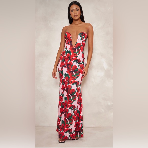 Pretty Little Thing Floral Plunge Maxi Dress - Picture 1 of 4